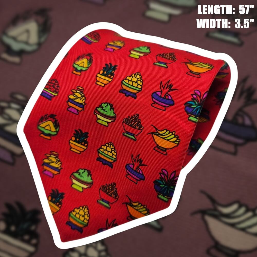 Shanghai Tang Silk Tie Red Dim Sum Food Dumpling Novelty Geometric Print 57"